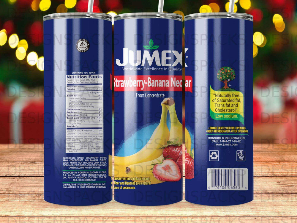 Jumex strawberry-banana nectar drink with nutrition facts and ingredients.