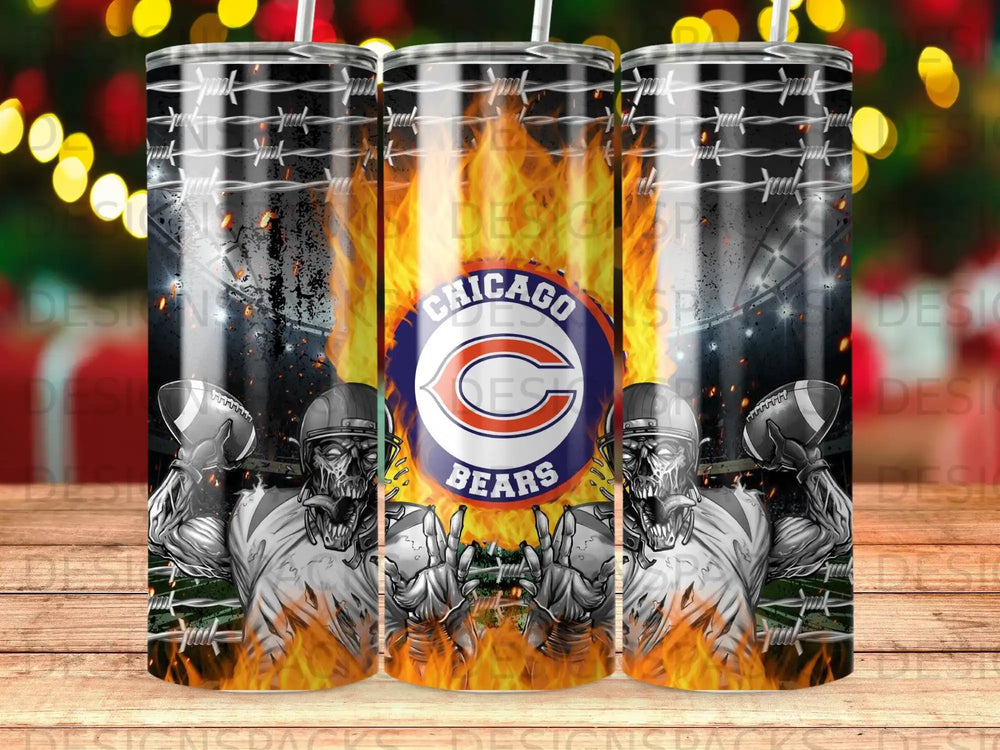 Chicago Bears football tumblers with skeletal players and flames.