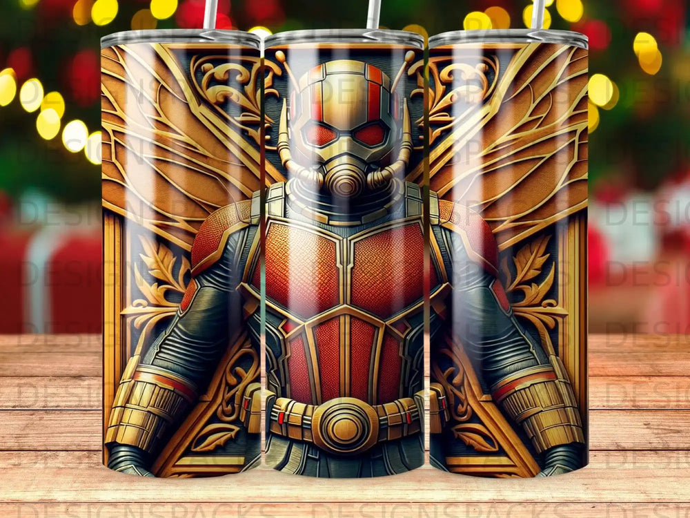 Ant-Man in detailed armor stands against a golden, ornate background with bokeh lights.