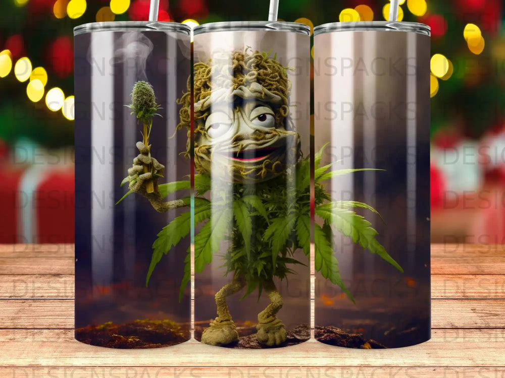 Cannabis plant character holding a weed bud with swirling patterns in background.