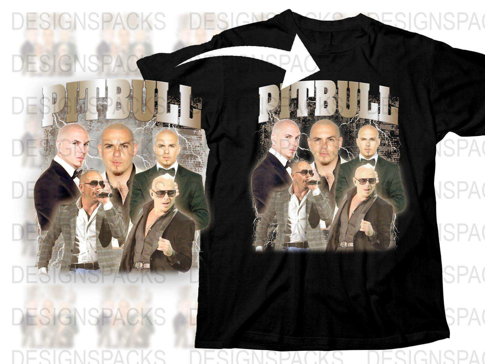 Pitbull Artist Graphic T-Shirt, Multiple Images Design, Men's Fashion Tee, Celebrity Music Shirt, Black Top with Bold Print.