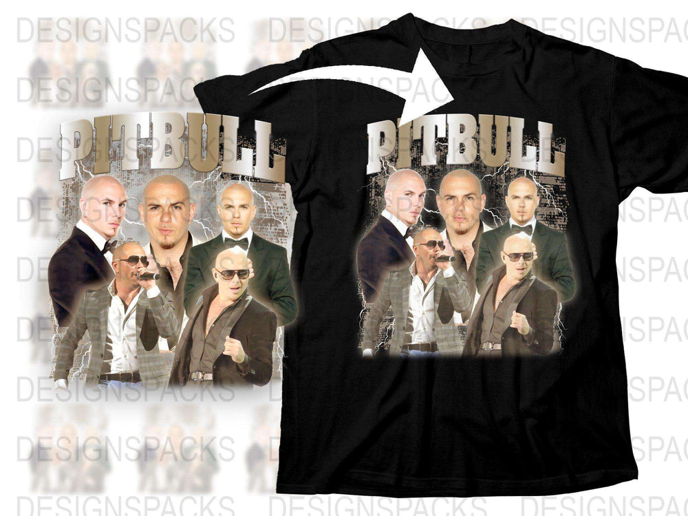 Pitbull Artist Graphic T-Shirt, Multiple Images Design, Men's Fashion Tee, Celebrity Music Shirt, Black Top with Bold Print.