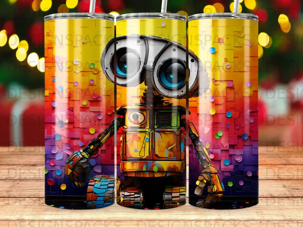 Wall-E robot with colorful, textured background, three tumblers shown.