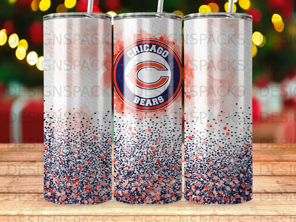 Chicago Bears tumbler with speckled design and logo.