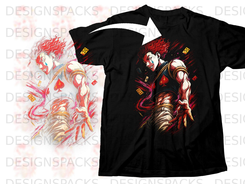 Black t-shirt with a bold anime-style illustration of Hisoka Morow.