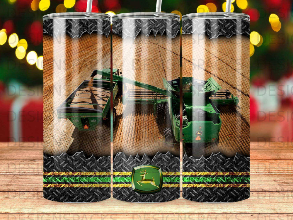 John Deere combine harvester harvesting a field of grain, with a metallic diamond plate border.