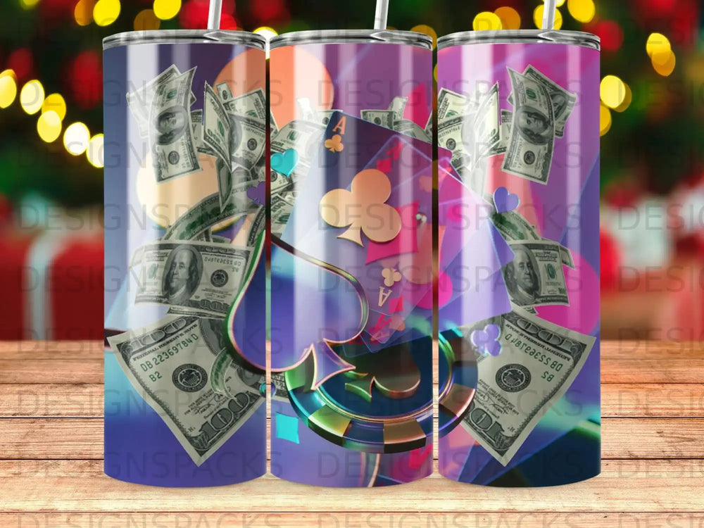 Tumbler with money, playing cards, and poker chips scattered against a dark, sparkling background.