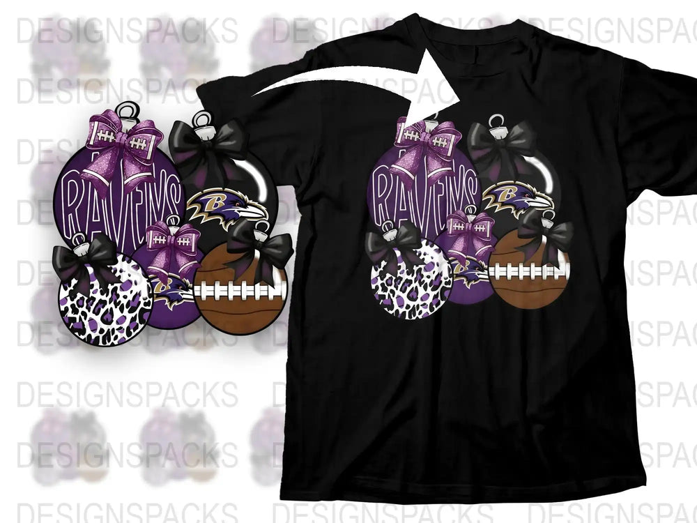 Baltimore Ravens Inspired Christmas Ornaments Graphic T-Shirt, Purple and Black Holiday Apparel, Football Fan Gift Idea