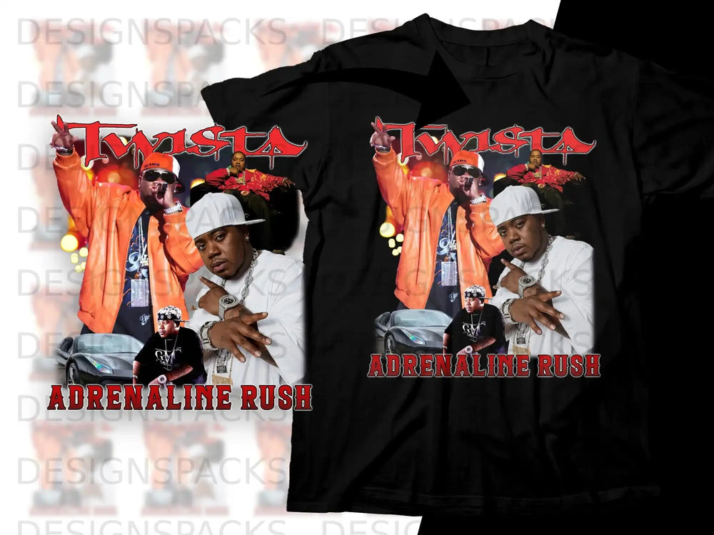 Twixt wearing orange jacket with 'ADRENALINE RUSH' text on black t-shirt.