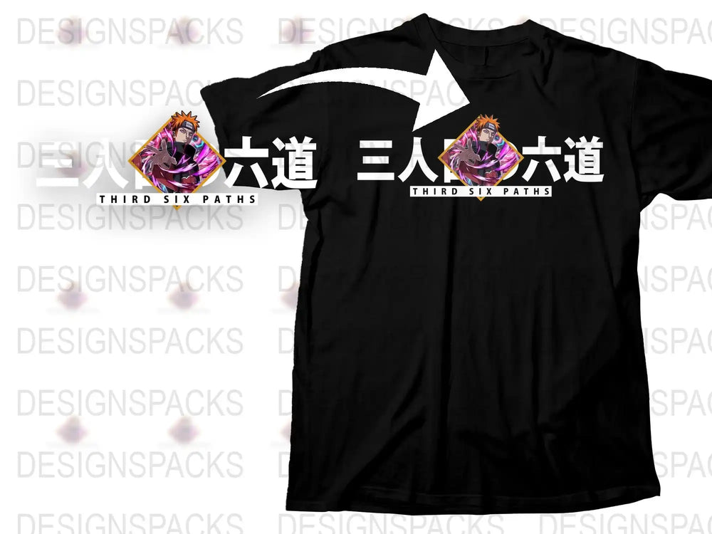 Anime Inspired Black T-Shirt, Third Six Paths Graphic Tee, Japanese Text, Unisex Adult Clothing, Casual Streetwear Style