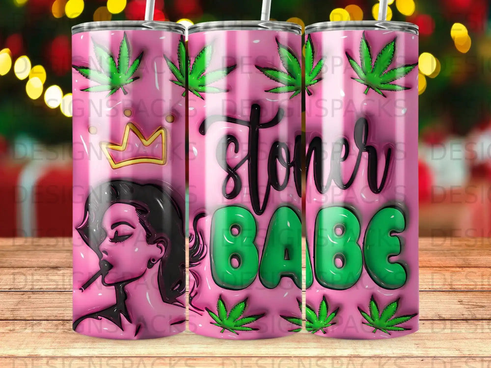 Pink tumbler with "Stoner Babe" text and cannabis leaf design.