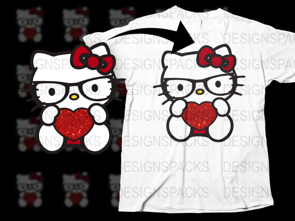 Cute Hello Kitty T-Shirt with Red Glitter Heart, White Tee for Girls, Trendy Character Shirt, Gift for Hello Kitty Fans