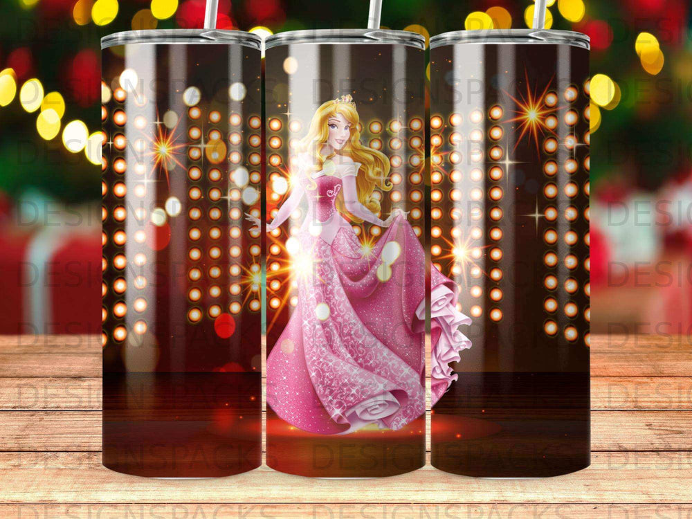 Princess in pink ballgown under sparkling lights.