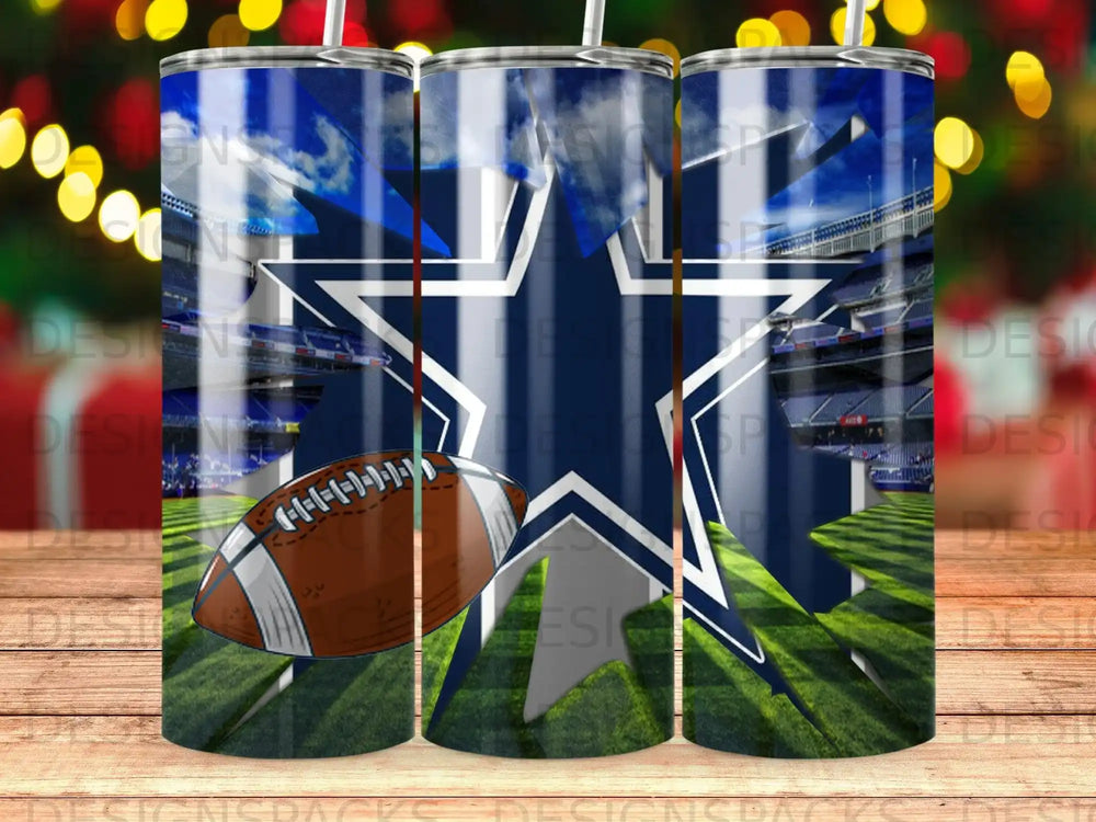 Dallas Cowboys football and stadium scene on a skinny tumbler.