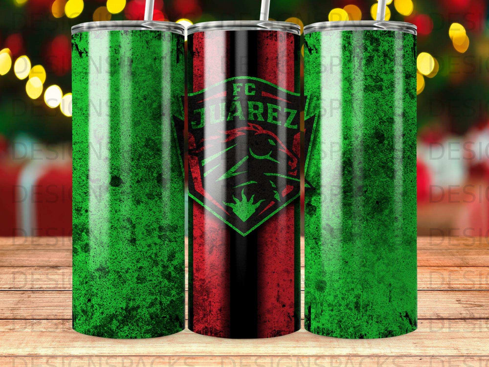 Green and black tumbler featuring FC Juarez logo.