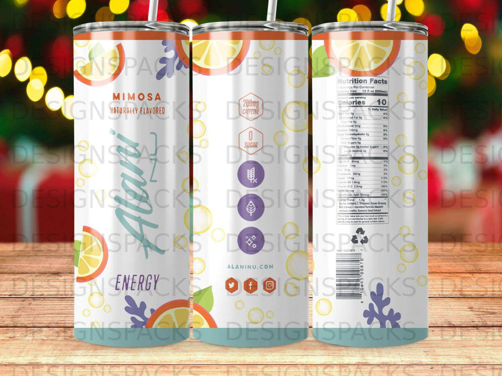 Mimosa energy drink tumbler with nutrition facts label and orange designs.