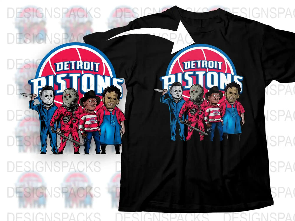 Detroit Pistons Horror Characters T-Shirt, Unique Fan Art Tee, Jason Freddy Michael Designs