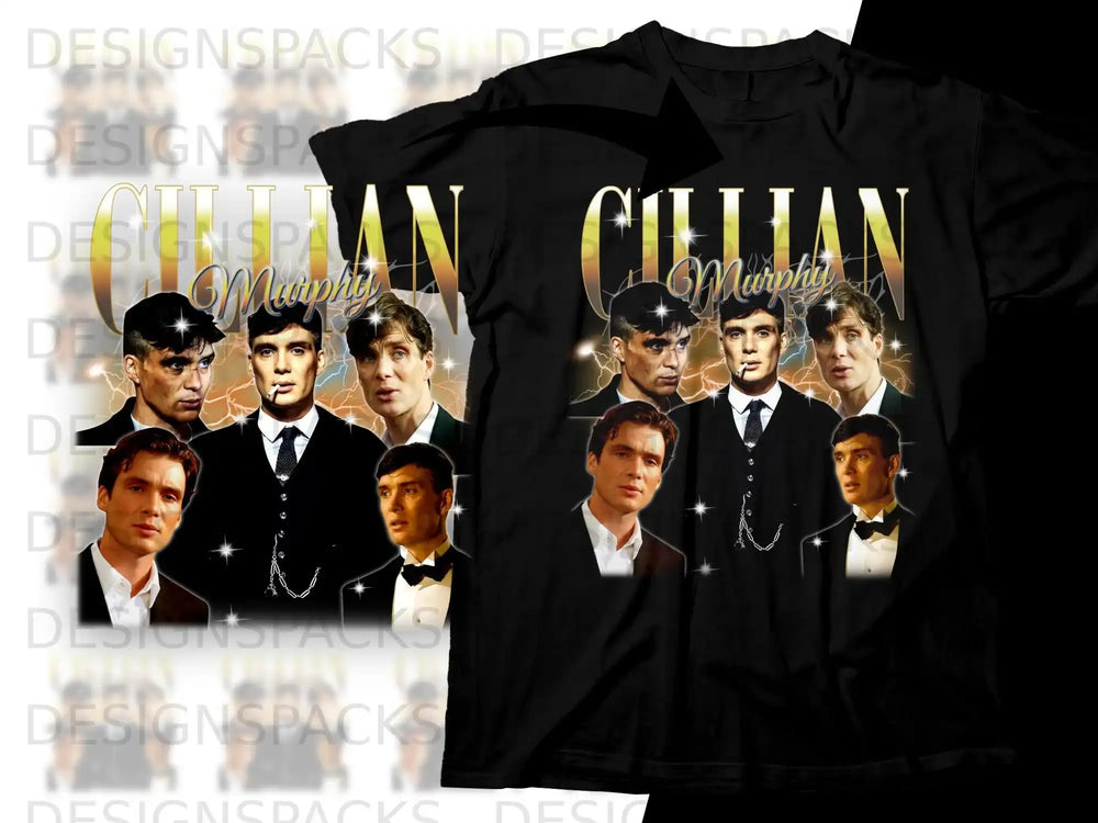 Cillian Murphy as Tommy Shelby from Peaky Blinders on a black t-shirt.