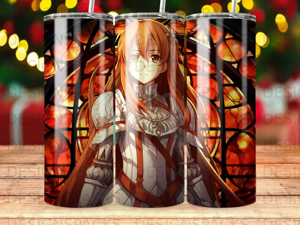 Anime warrior woman in ornate armor against a stained glass window.
