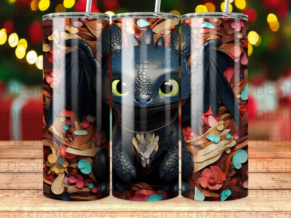 Toothless the dragon peeks from behind a floral pattern.