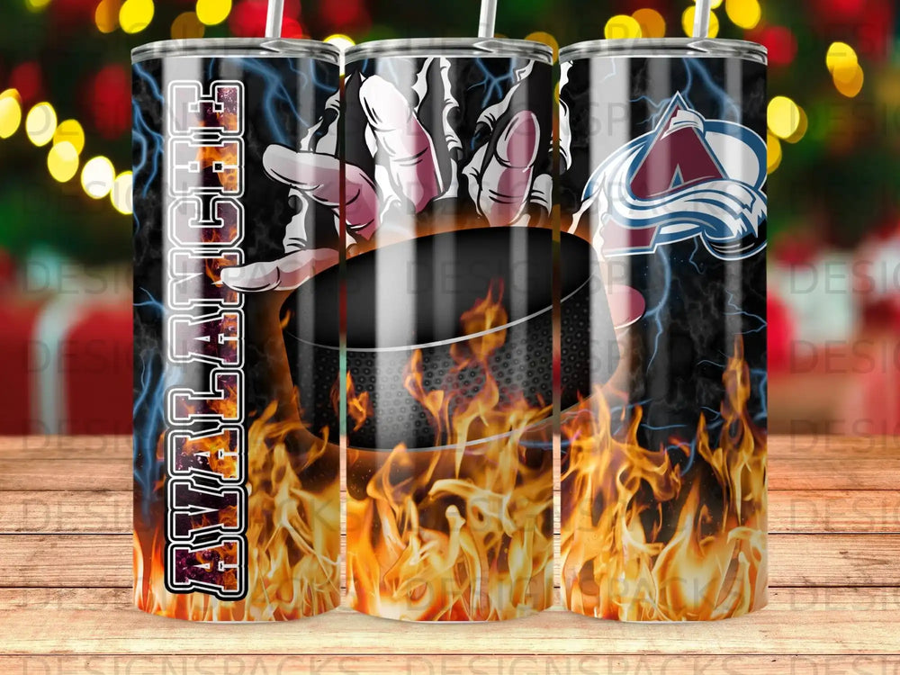 Avalanche tumbler with flames and a hockey puck.