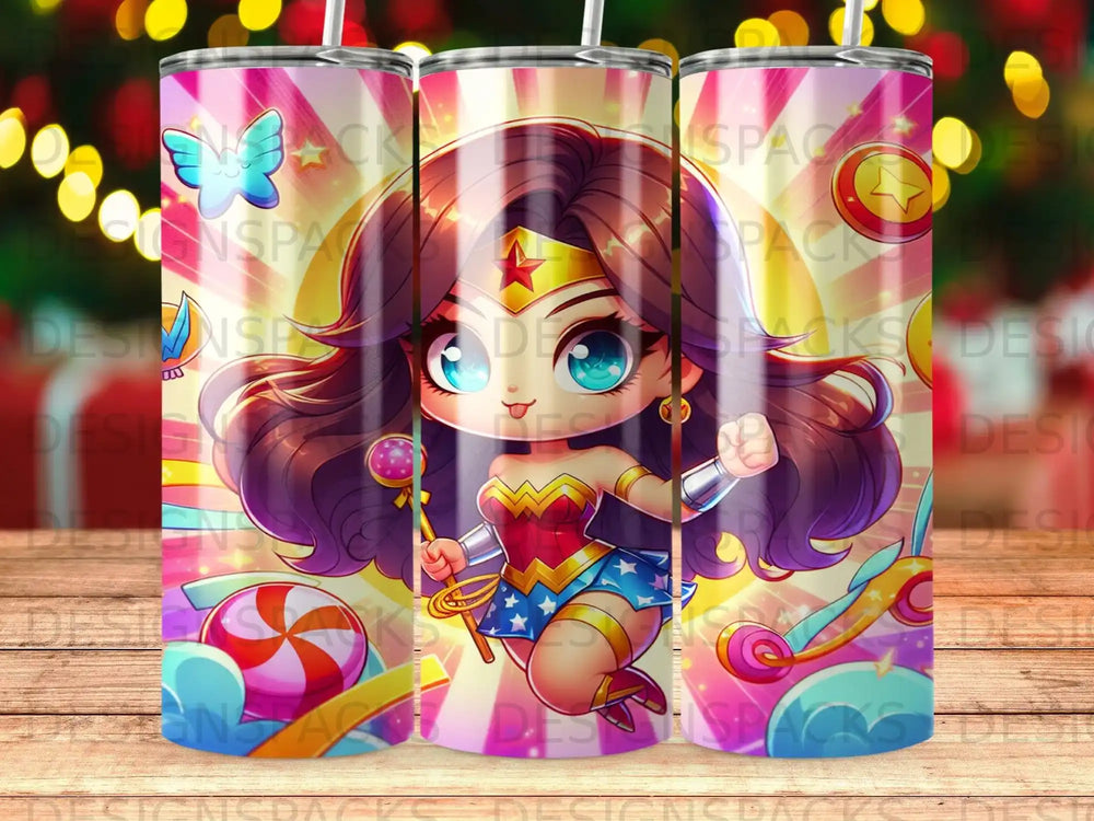 Wonder Woman with colorful background and sweets.