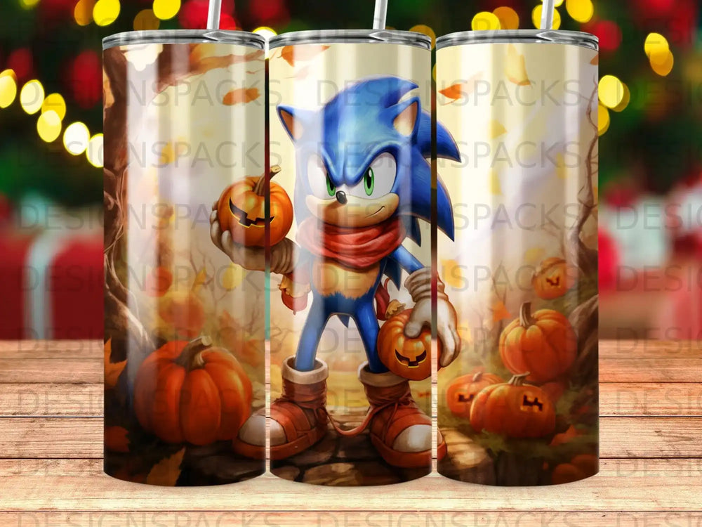 Sonic the Hedgehog holding a pumpkin, surrounded by autumn leaves and pumpkins.