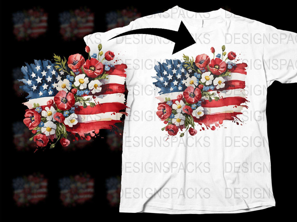 Patriotic USA Flag Floral T-Shirt, American Flag with Flowers, Independence Day Apparel, Stylish 4th of July Outfit