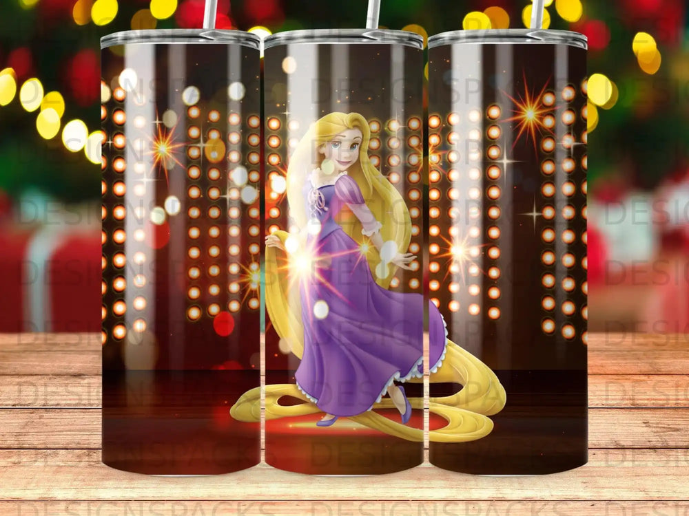 Rapunzel with long blonde hair in a purple dress, set against a sparkly background.