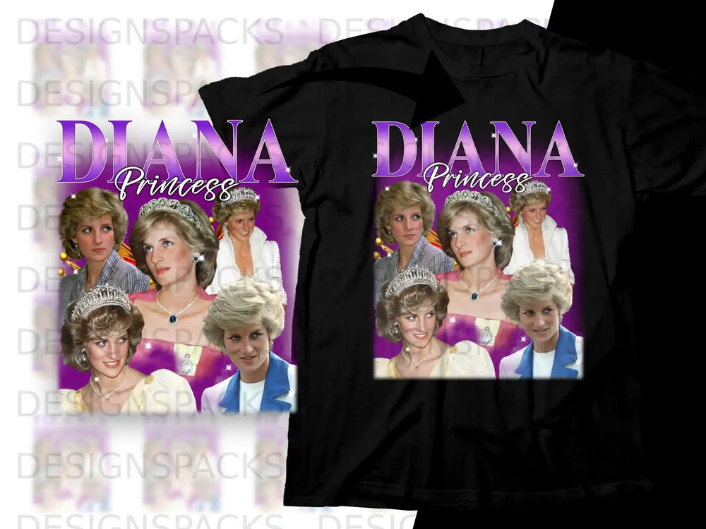 Collage of Princess Diana portraits on a black t-shirt.