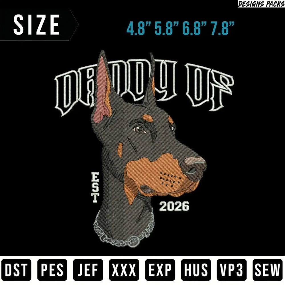 Doberman Pinscher head with "DE DOD OF" text and file formats.