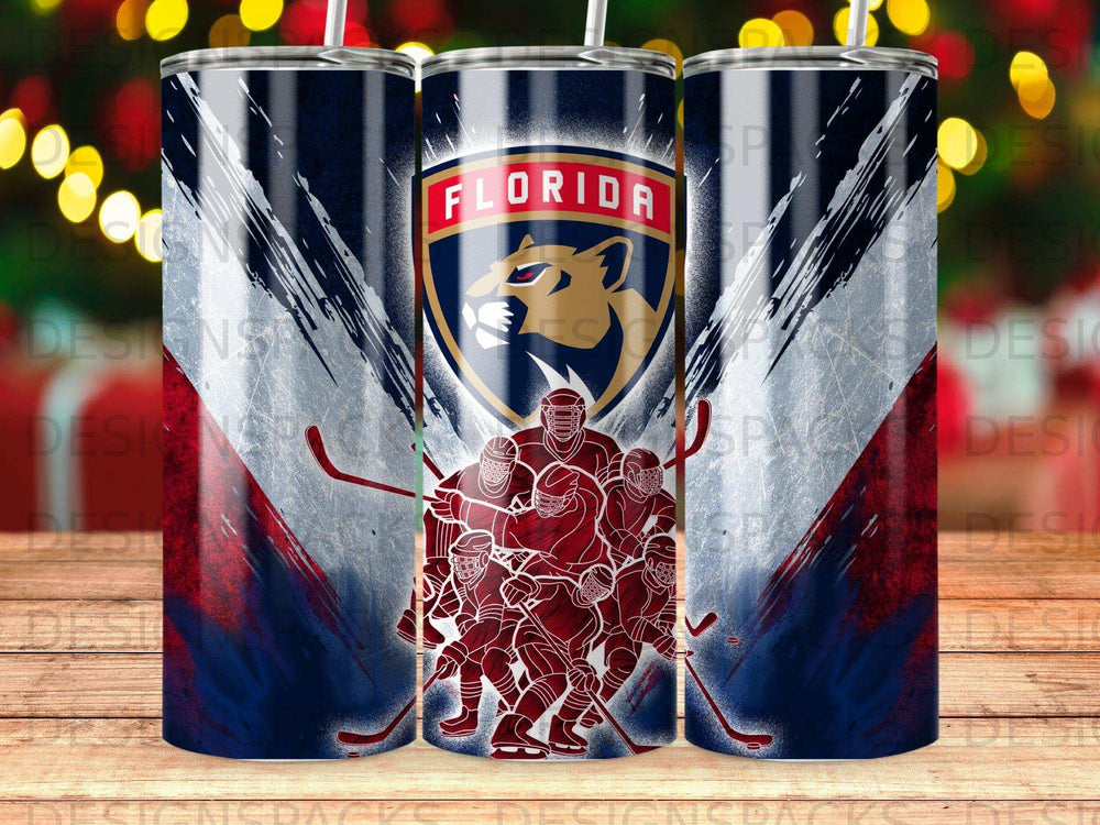 Florida Panthers hockey team illustration on a colorful tumbler with hockey sticks.