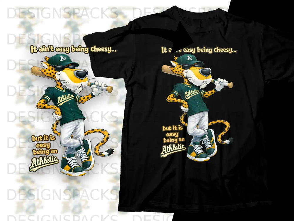 Cheetos mascot with baseball bat on black t-shirt, "It ain't easy being cheesy" text.