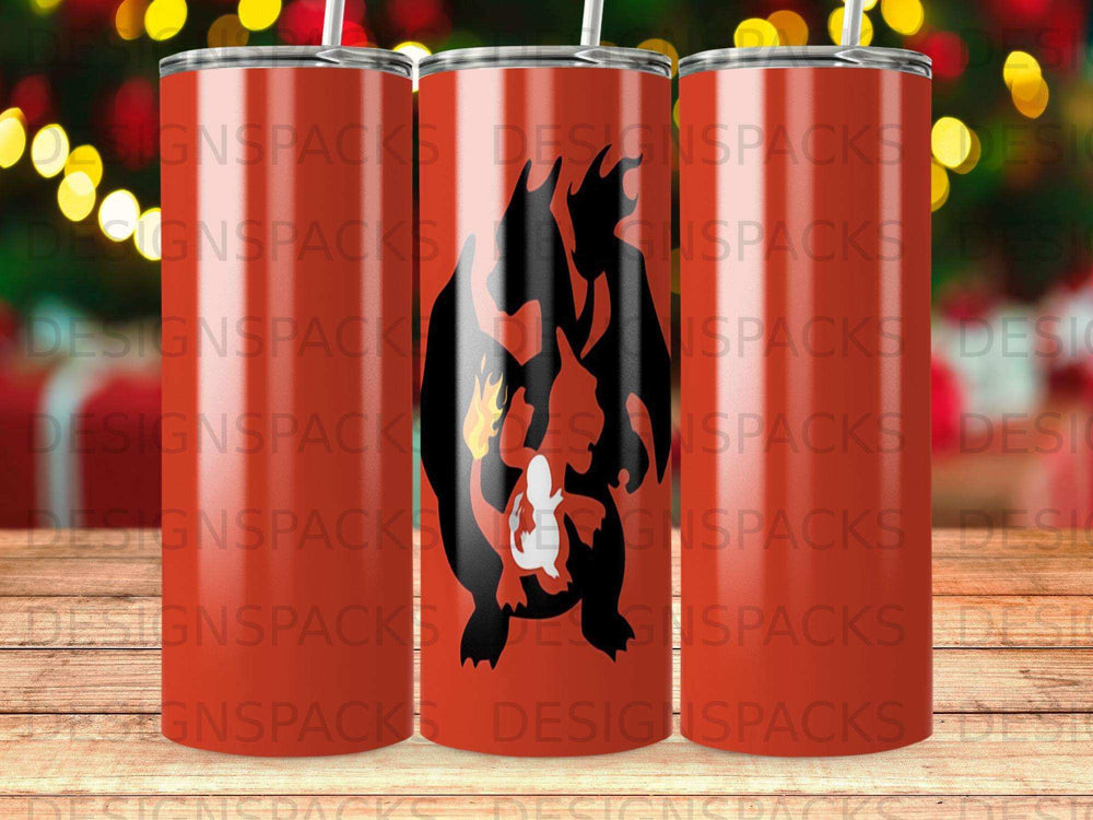 Charizard silhouette on a red tumbler with repeated "DESIGNSPACKS" text.