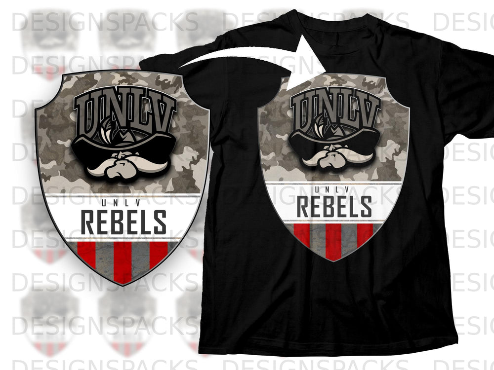 UNLV Rebels shield logo with camouflage and red stripes on a black t-shirt.