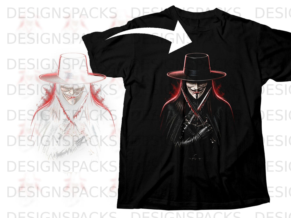 Black t-shirt with V for Vendetta mask graphic and a white arrow overlay.