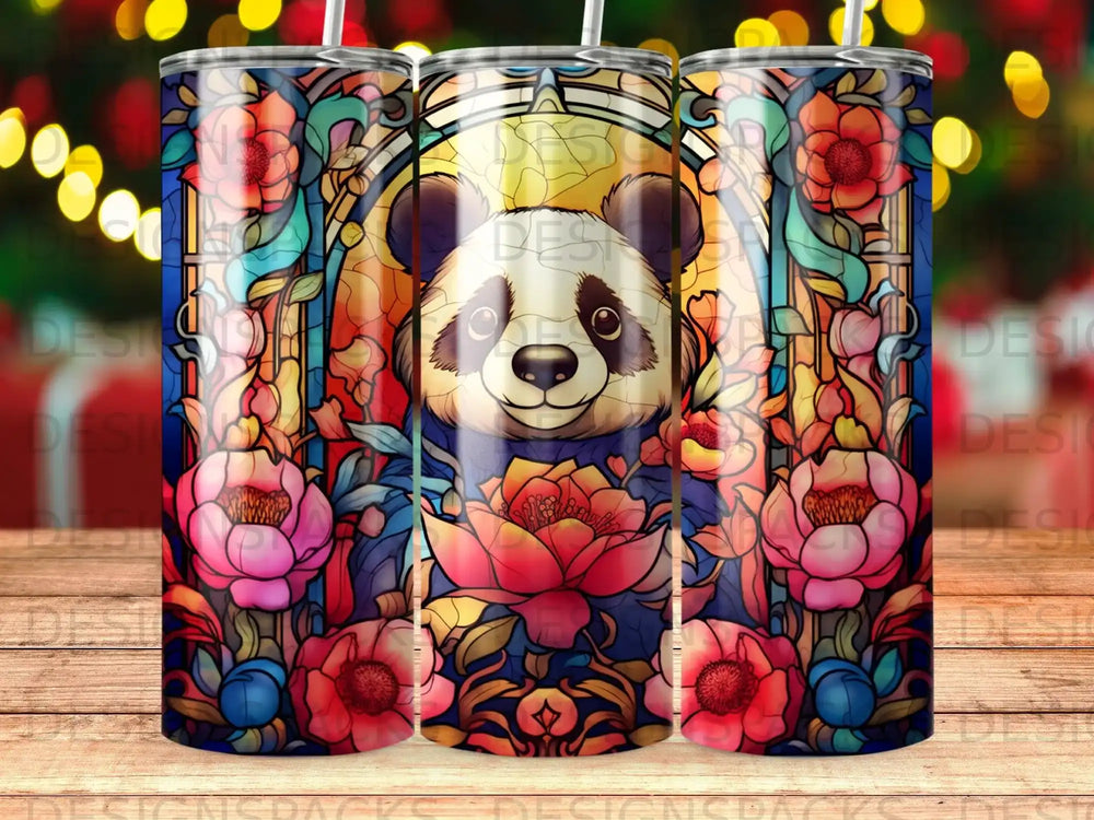 Panda face with floral stained glass pattern, bright colors.