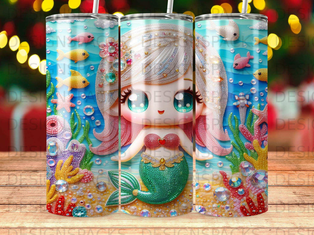Sparkling mermaid with colorful scales and accessories on a vibrant underwater background.