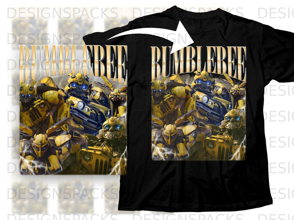 Black t-shirt with Bumblebee Transformers graphic and text.