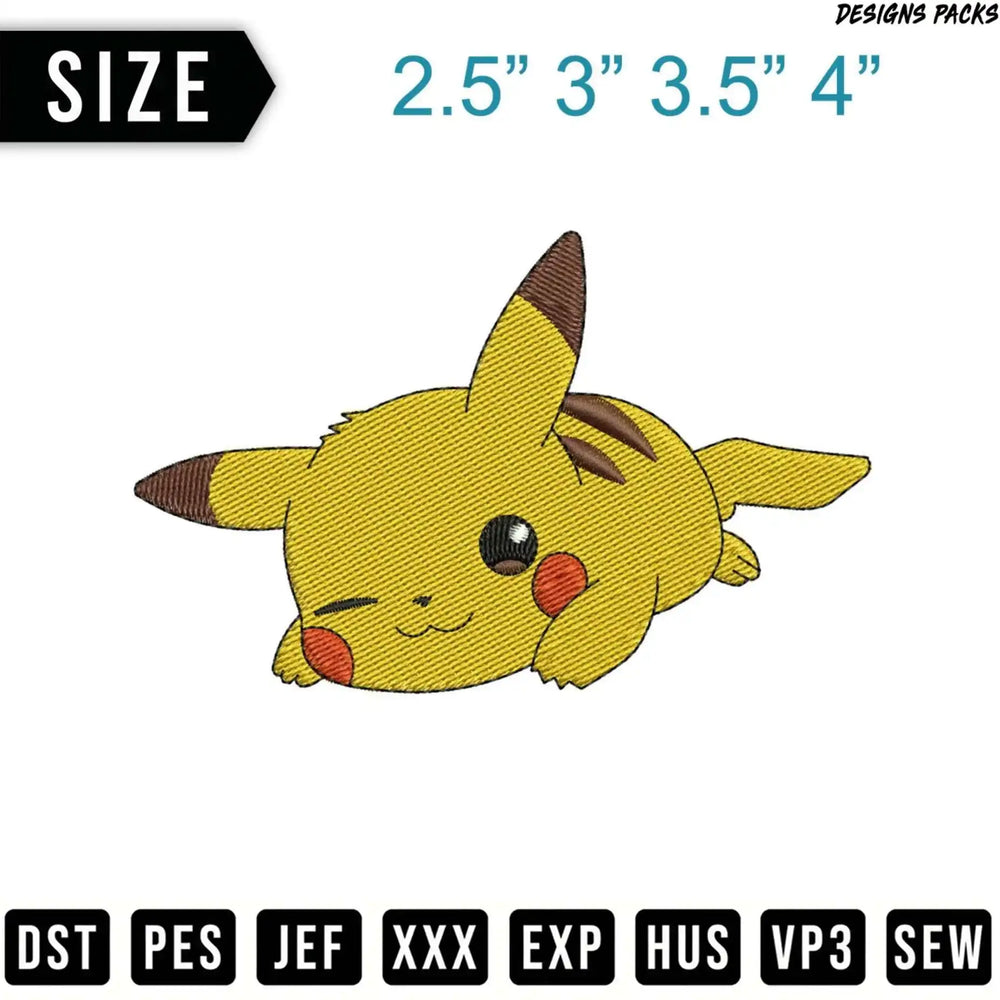 Pikachu embroidery design with size options 2.5, 3, 3.5, and 4 inches.
