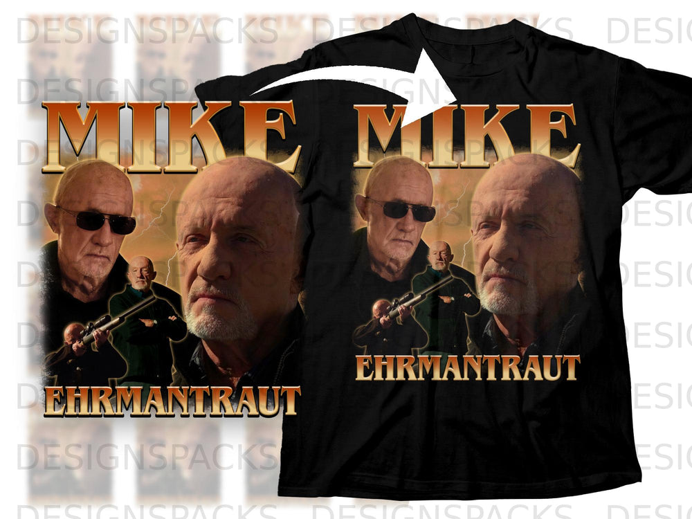Black t-shirt with "MIKE" and "EHRMANTRAUT" text and multiple images of a man.