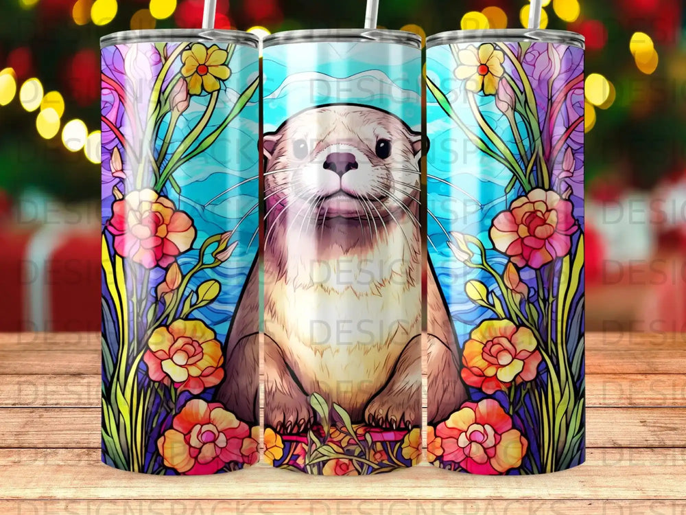 Sea otter surrounded by vibrant flowers and colorful stained glass.