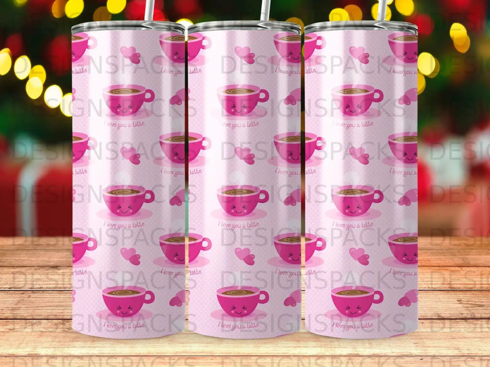 Pink tumbler with repeating "I love you a latte" text and heart graphics.