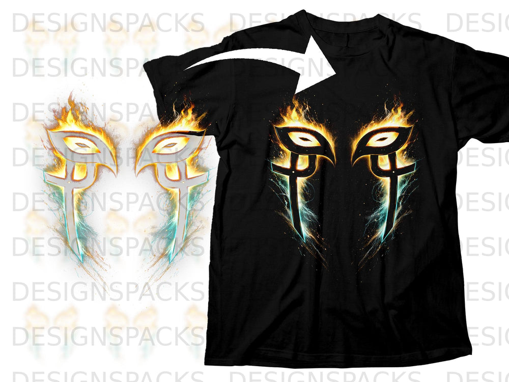 Black t-shirt with a fiery, glowing eye emblem on the chest.