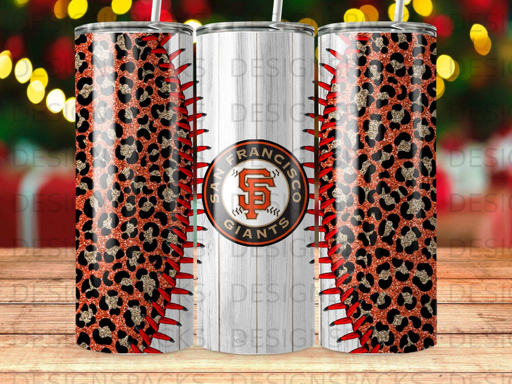 San Francisco Giants tumbler with leopard print and baseball stitching.