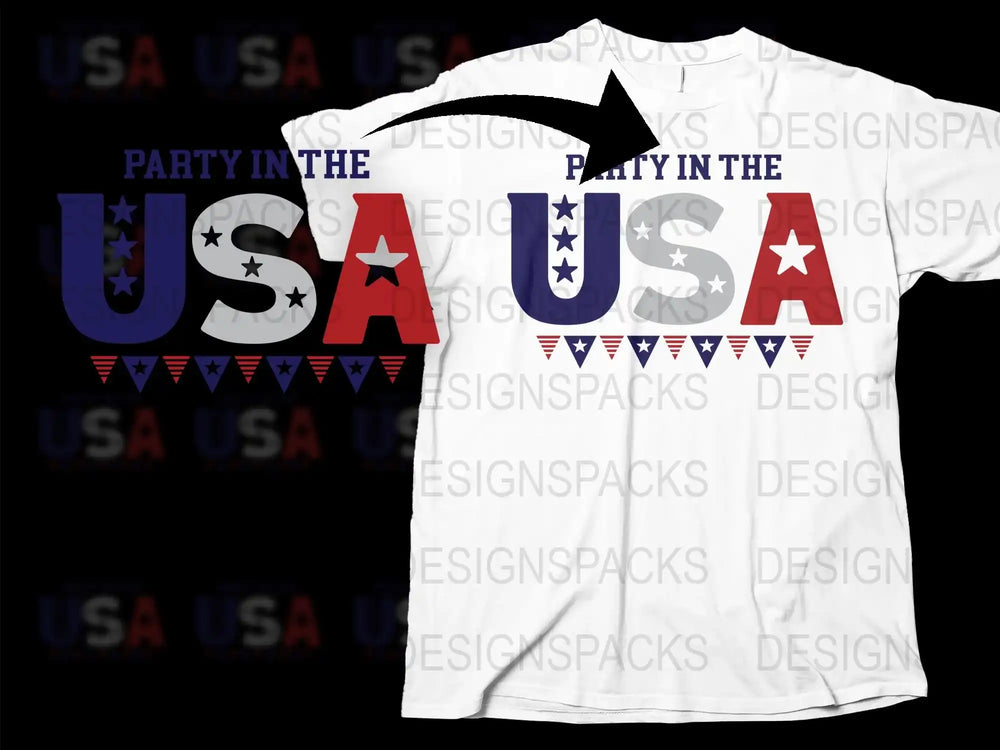 Party in the USA T-Shirt, Patriotic American Flag Design, Red White Blue Stars, Unisex Adult Clothing