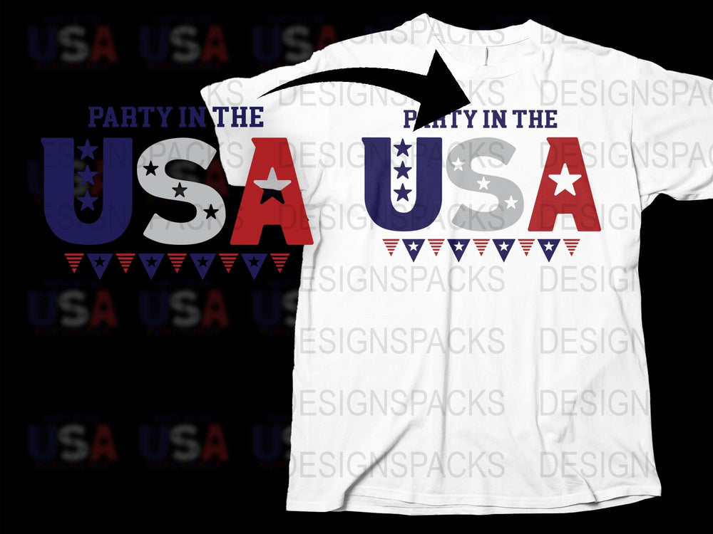 Party in the USA T-Shirt, Patriotic American Flag Design, Red White Blue Stars, Unisex Adult Clothing