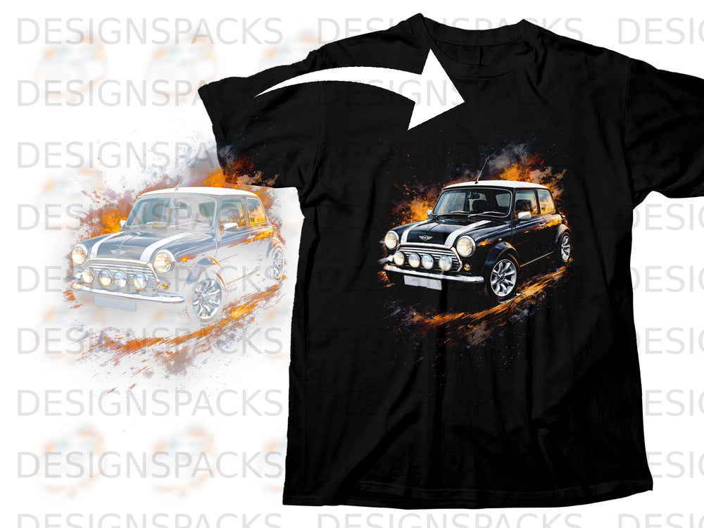 Black t-shirt with a graphic of a classic Mini Cooper car in motion.