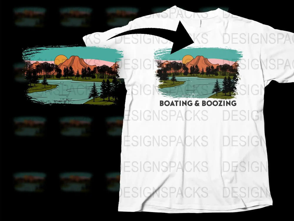 Boating and Boozing Graphic T-Shirt, Scenic Lake Sunset Design, Casual Outdoor Adventure Apparel, Unisex Tee