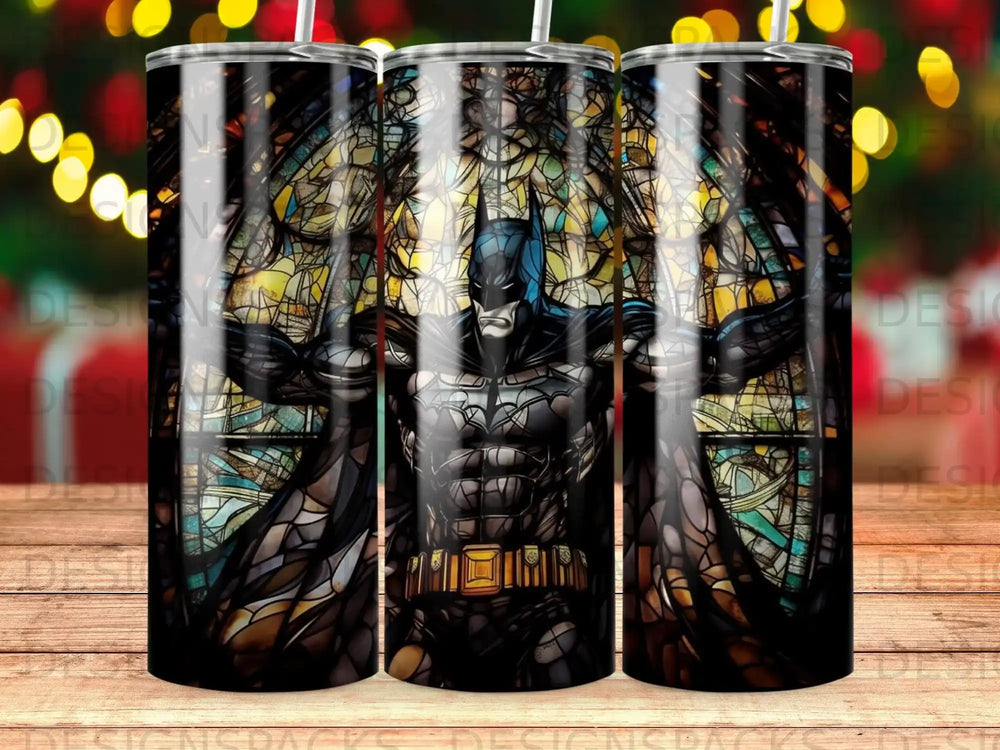 Batman against a stained-glass window background.